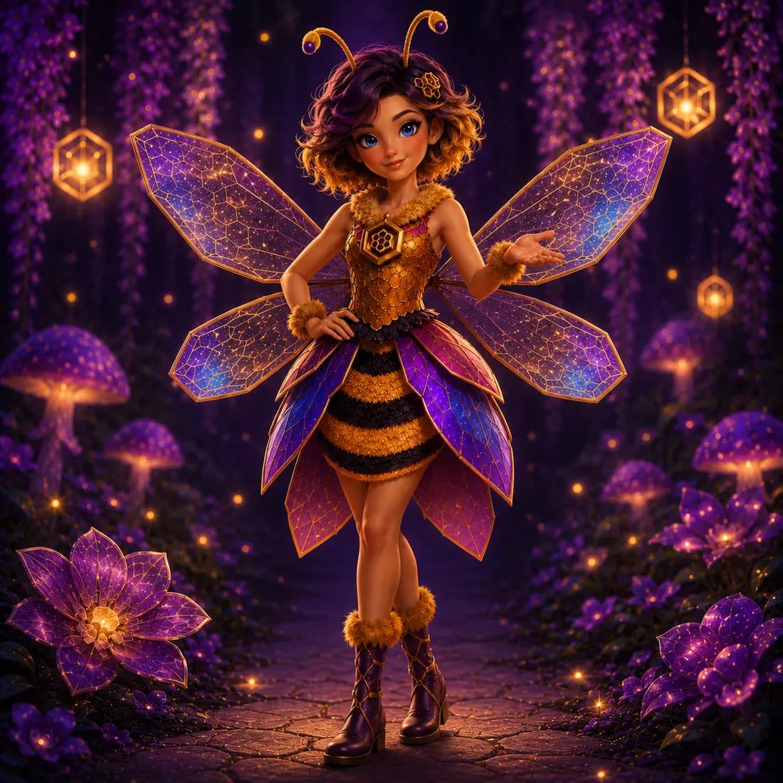 Illustrated bee fairy with stained-glass wings in a glowing purple garden